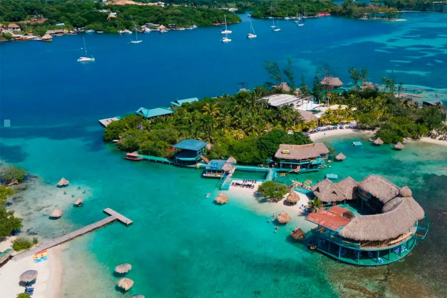 Aerial view of Little French Key with overwater cabanas, Roatan