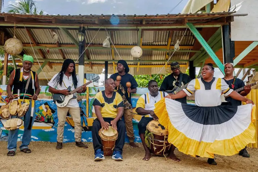Garifuna drummers and dancer performing in Punta Gorda, Roatan