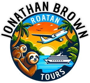 Jonathan Brown Roatan Tours logo with sloths, plane and cruise ship